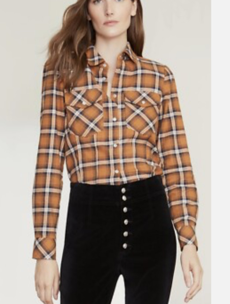 VERONICA BEARD Barnette Flannel Shirt Brown Plaid Snap Closure Flap Pockets SZ 6