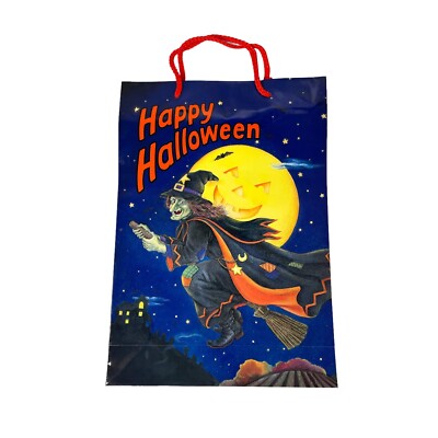 Vintage Happy Halloween Trick Or Treat Bag- Flying Witch On Broom-New Old Stock!