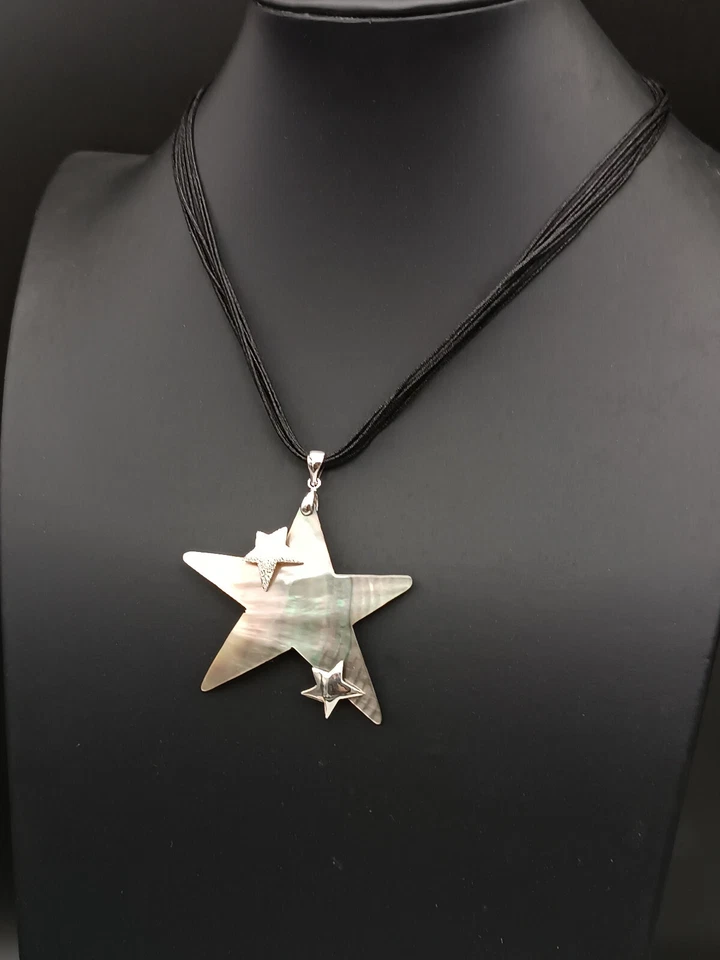 collana donna ciondolo stella madreperla perle argento bianco e acciaio - Immagine 2 di 4