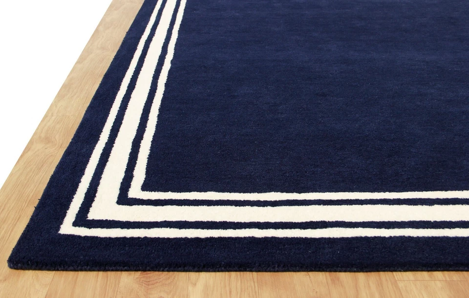 Hotel Harper Border Navy Blue Modern Hand-Tufted 100% Wool Soft Area Rug Carpet - Image 4 of 4