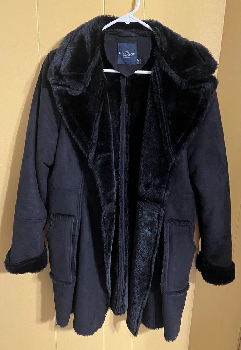 Faded Glory Womens Black Buttoned Jacket Coat Fake Suade Faux