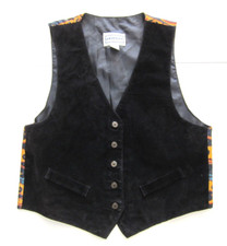 Vintage Arizona Jean Company Black Suede Leather Yellow Green Floral Vest Medium