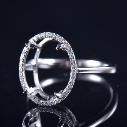 Simple Halo Real Natural Diamond Ring Semi Mount Oval 12x10mm 14K White Gold - Picture 3 of 8