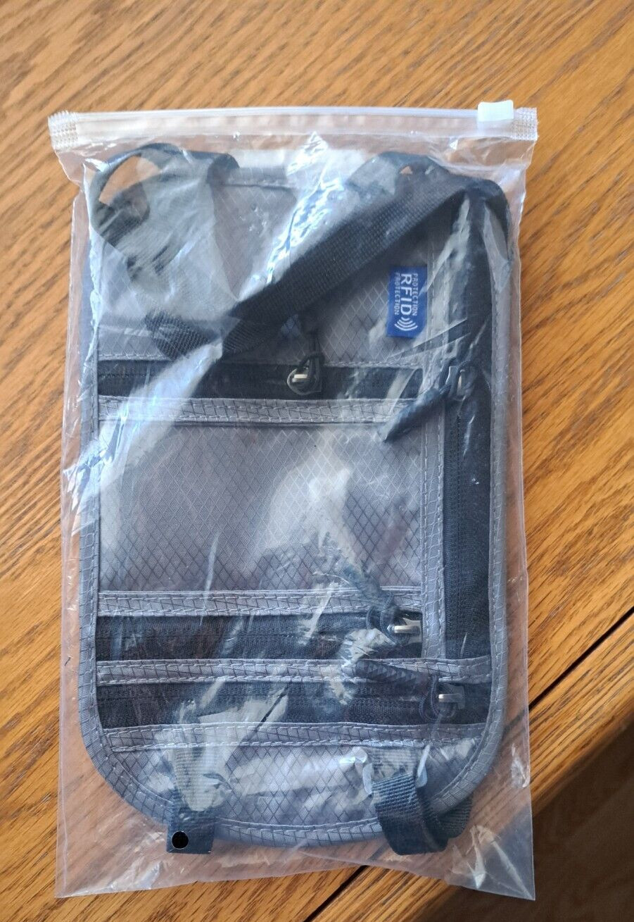 Anti-Theft RFID Blocking Travel Neck Wallet Passport Holder, Gray  NEW