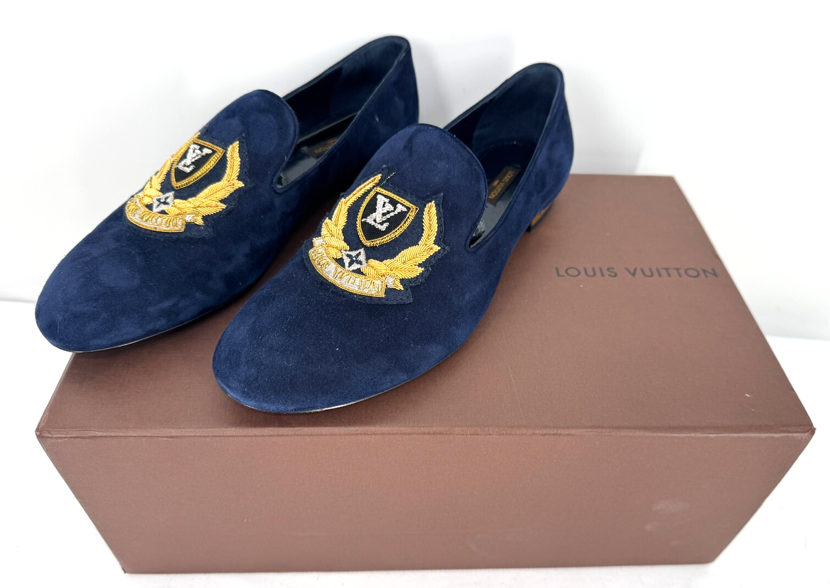 $1,680 LOUIS VUITTON Blue Velvet Loafers Shoes Flats Gold LV Logo 