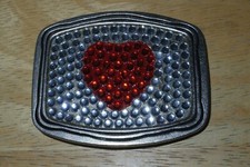 Vintage Red Heart Rhinestone Belt Buckle Novelty Silvertone Buckle Bling Used/GC