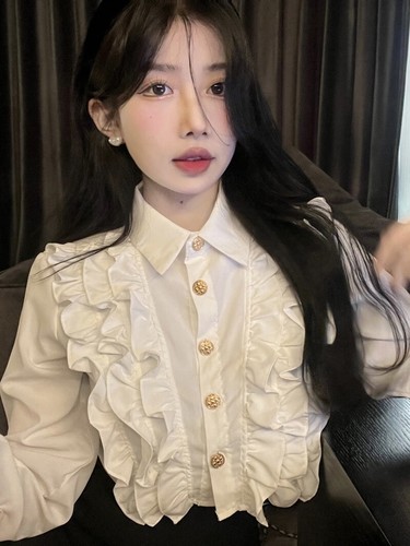 Women's retro ruffle edge long-sleeved blouse Korean single-breasted shirt top - Picture 6 of 14