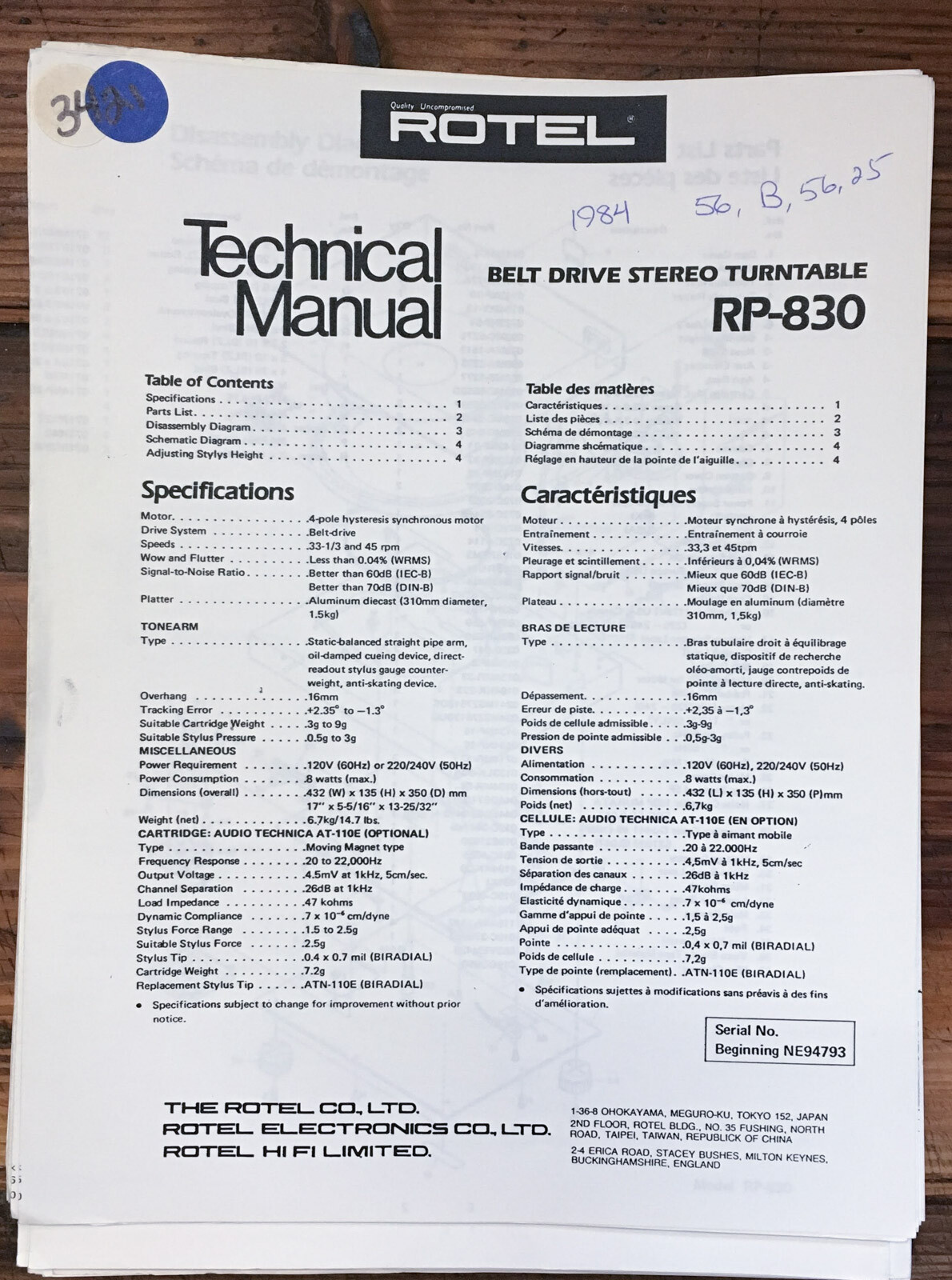 Rotel RP-830 Record Player / Turntable  Service Manual *Original*