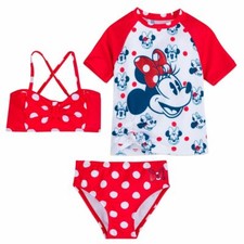 Disney Store Minnie Mouse 3 PC Rash Guard Swimsuit Set Girl Size 5/6 7/8