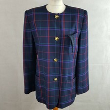 Casual Corner Womens Jacket Navy Size 12 Checked Gold Buttons Jewel Neckline