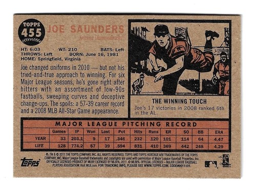 2011 Topps Heritage Baseball kurzer Druck SP #455 Joe Saunders Arizona - Bild 2 von 3