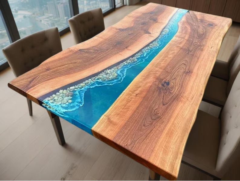 Custom Order Epoxy Wood Blue Ocean Dining Table Personalized Living Room Desk De-image