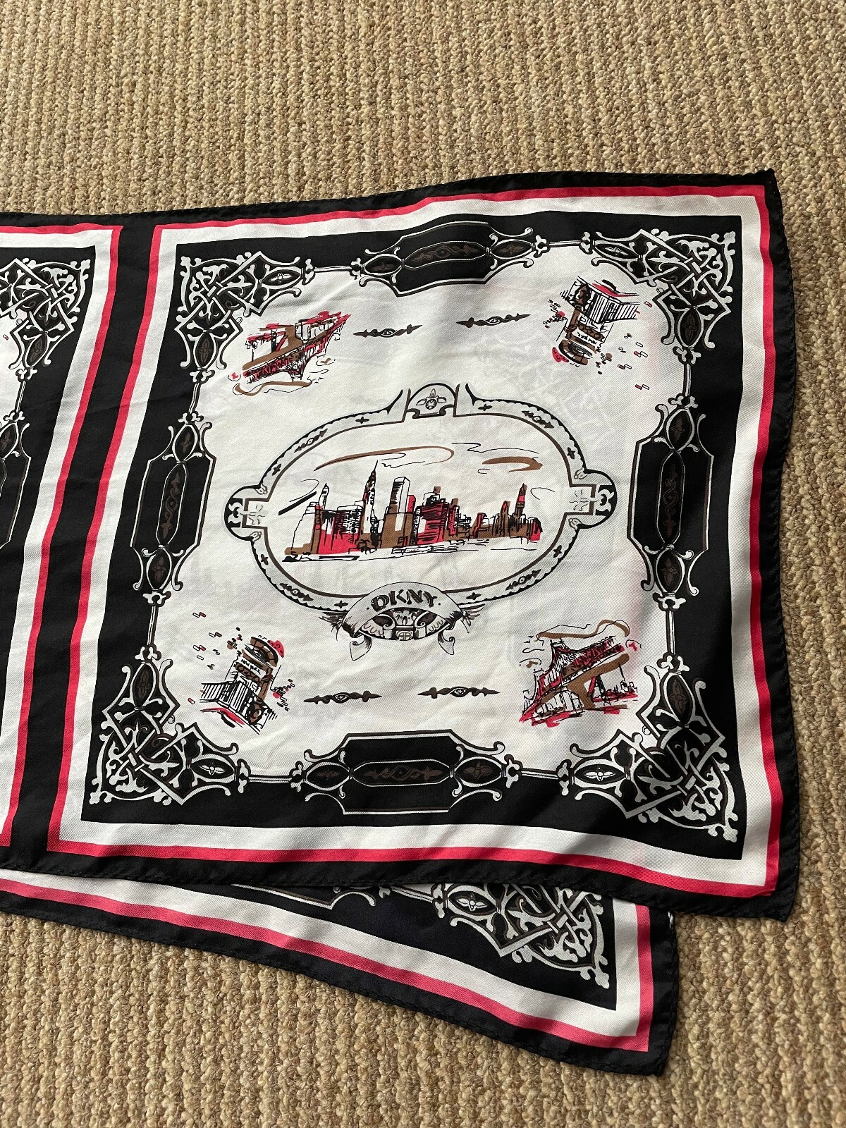 Vintage DKNY Silk Scarf NYC Skyline Logo Black White … Gem