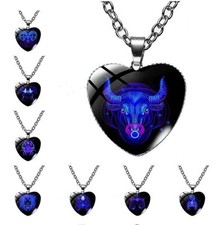 Choose Zodiac 1" 25mm Heart Shaped Glass Metal Pendant Necklace 18" Link Chain