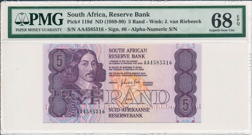 Reserve Bank South Africa 5 Rand ND(1989-90) Prefix AA PMG 68EPQ