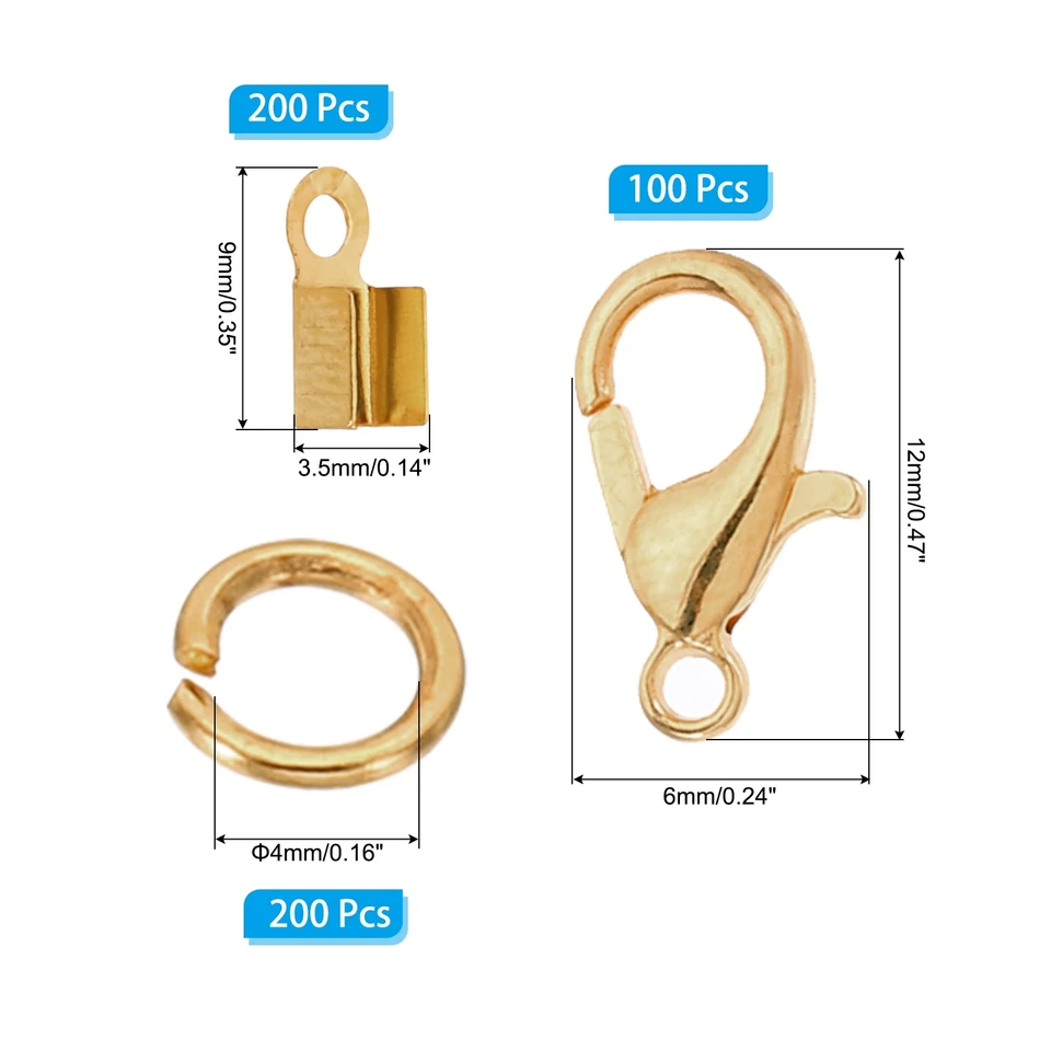 Lobster Clasp Open Jump Ring Fold Over Cord End Caps for Jewelry DIY, Light Gold Foto 2 de 4