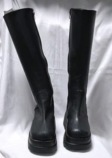 Black Platform Knee High Boots Zipper Round Toe Faux Leather