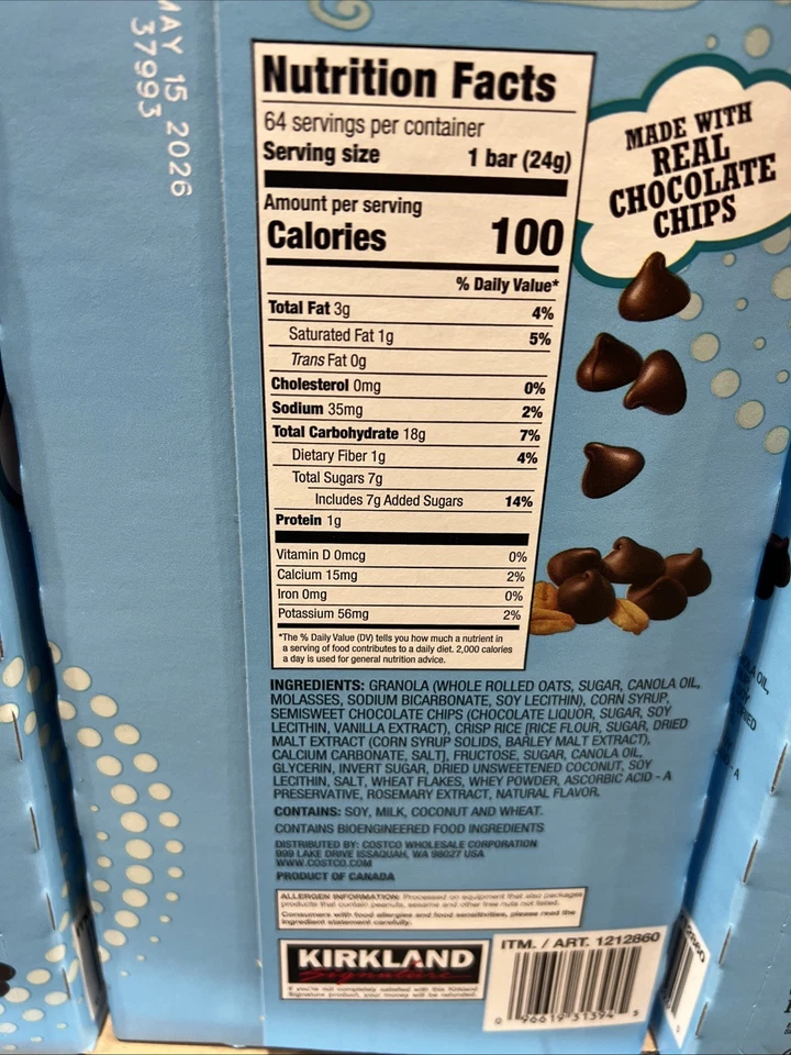New Kirkland Soft & Chewy Granola Bars - 64 bars, Chocolate Chips, Health Snack - Image 3 of 3