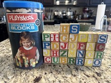 Vintage Playskool Wood Letter Blocks 1972 30 Blocks MB Complete 13 Disney Block
