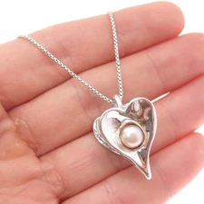 HAGIT GORALI Sterling Silver Vintage Israel Pearl Modernist Heart Necklace 28"