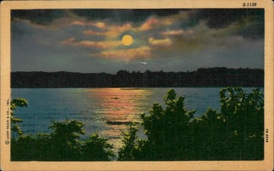 Vintage Linen Postcard Moonlit Lake Scene by Curt Teich S-1139