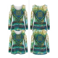 Cache Made in USA Green Studded Scoop Neck Cold Shoulder Top Women Size M