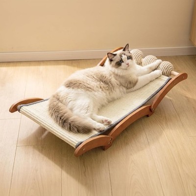 3-in-1 Extra-Large Cat Scratcher Bed W/ 3 Interactive Sisal Balls Solid Wood