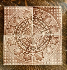 USETCO 12” Maple Leaf Tile Medallion—Plumfield Glaze Architectural Accent, c1890