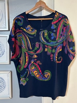 Investments Women s Size 2X Navy Short Sleeve Top Sequined Paisley Print NWT
