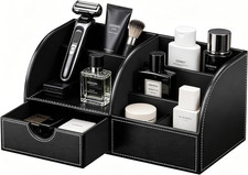 Cologne Organizer for Men, PU Leather Dresser Organizer with Drawer, 11" Counter