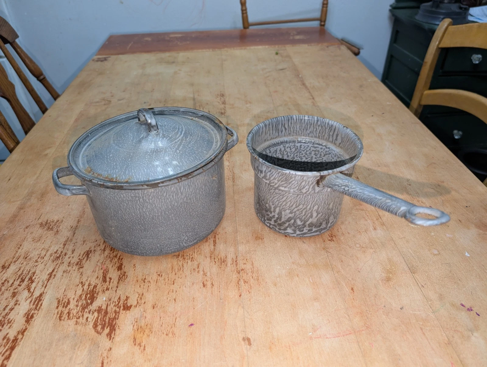 Primitive Gray White Swirl Agate Graniteware Lided Pot And Double Boiler Insert