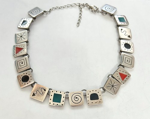 Vintage .925 Sterling Silver 64 Grams Tile Necklace Geometric Motifs & Stones
