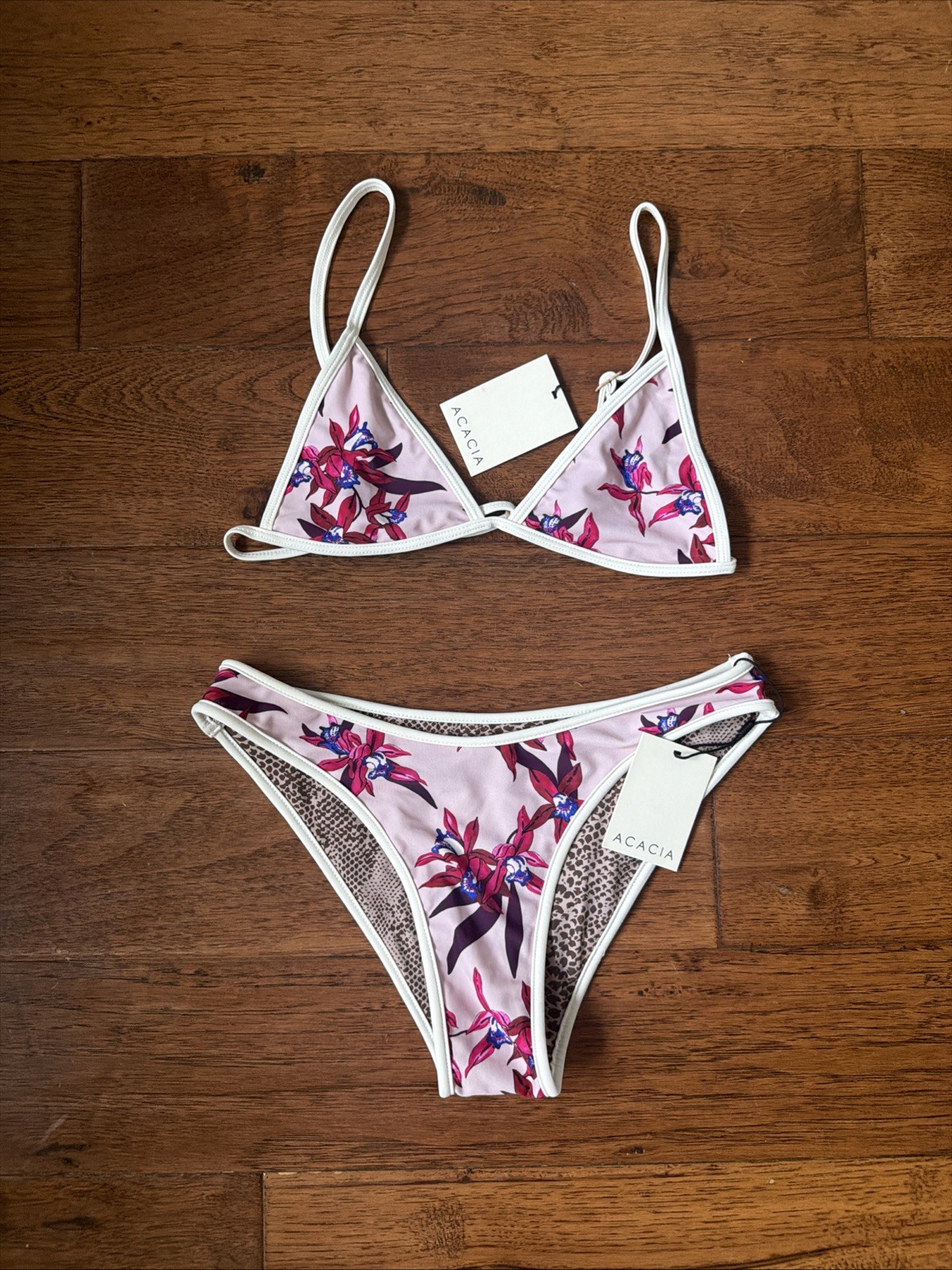 NWT ACACIA Swim M L Bikini Set Mokolii Baja Parker Piped Top Bottoms Pink New