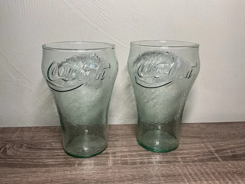 Vintage Coca Cola Coke Glass Coke 32 oz Large  Green Pebble Glass 7" tall Set 2