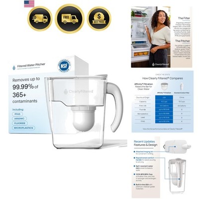 Filtered Water Pitcher 80 Fl Oz NSF Certified Removes Fluoride Lead Microplas...