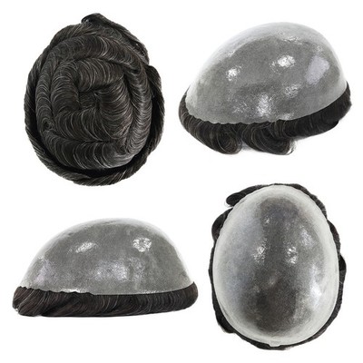 Mens Toupee Human Hair Replacement System Poly Skin Hairpiece 130% Density  #1B20