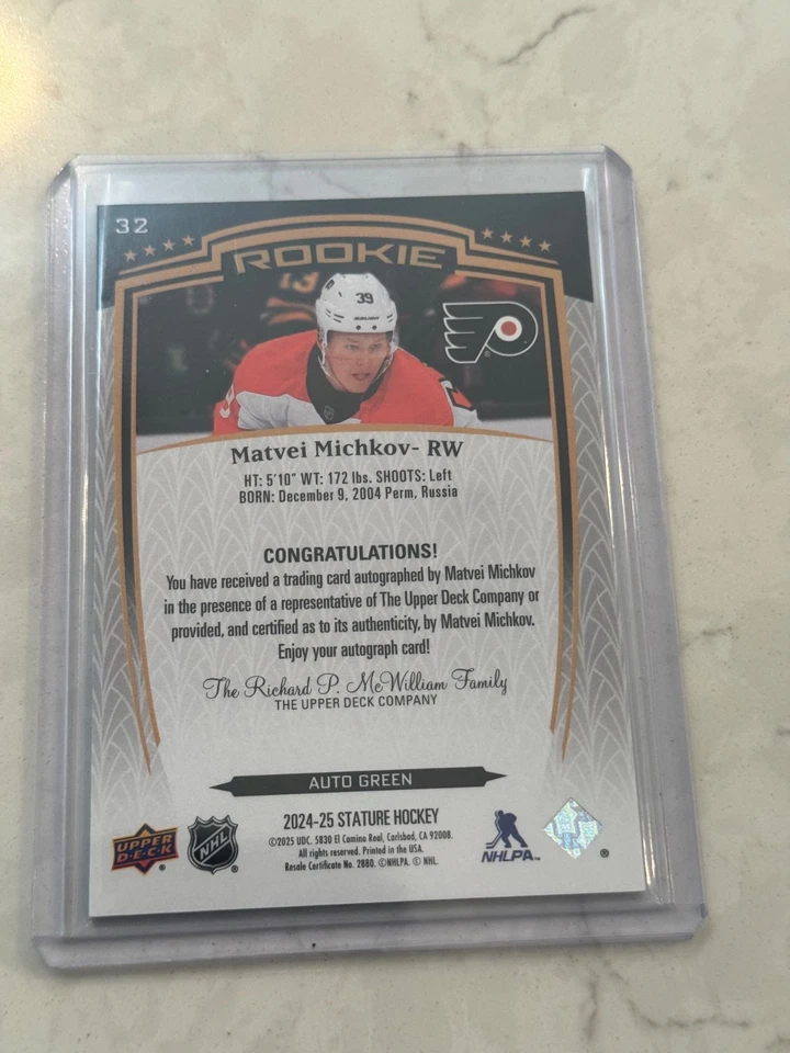 2024-25 UPPER DECK STATURE MATVEI MICHKOV  GREEN ROOKIE AUTO 155/199 - Image 2 of 2