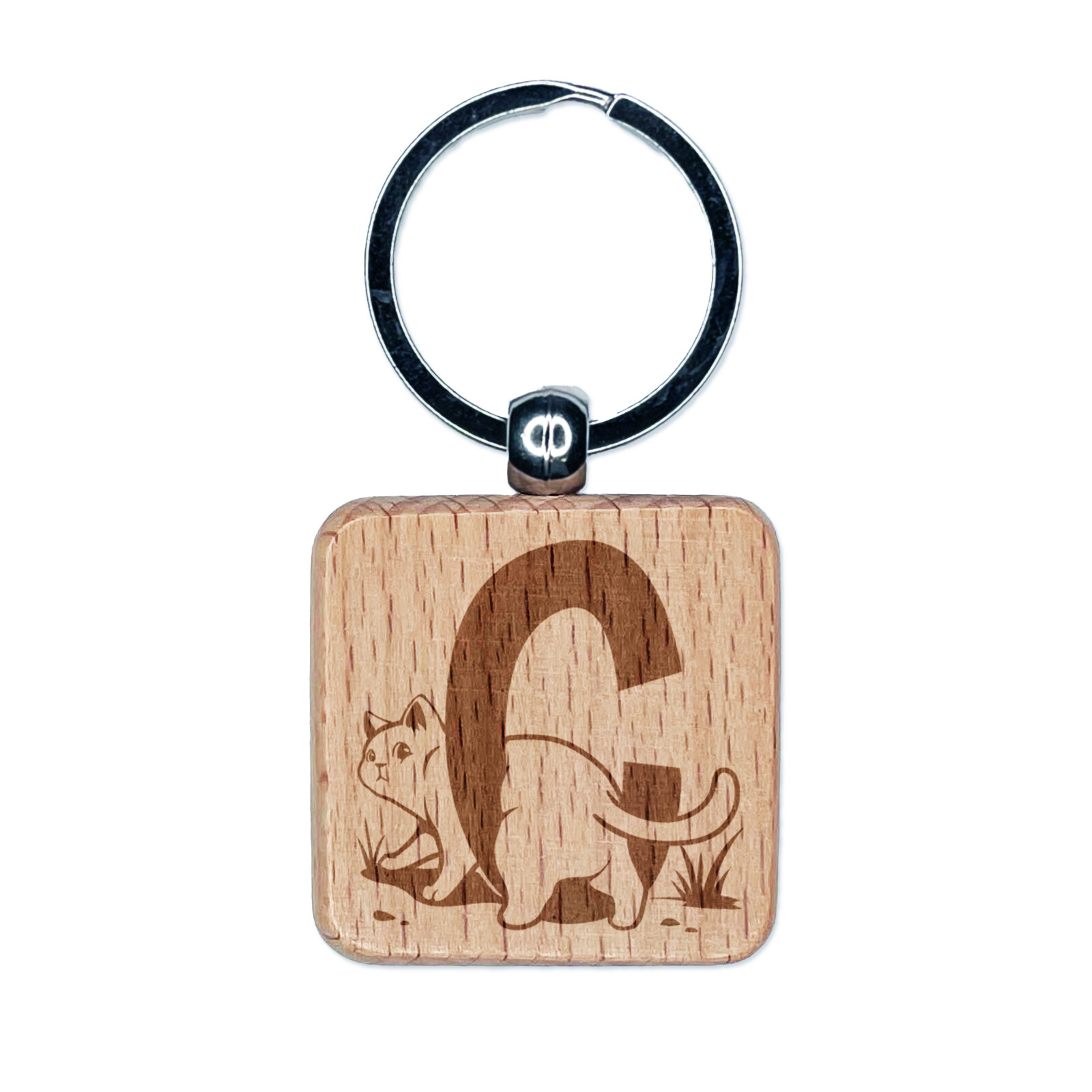 Animal Alphabet Letter C for Cat Engraved Wood Square Keychain Tag Charm