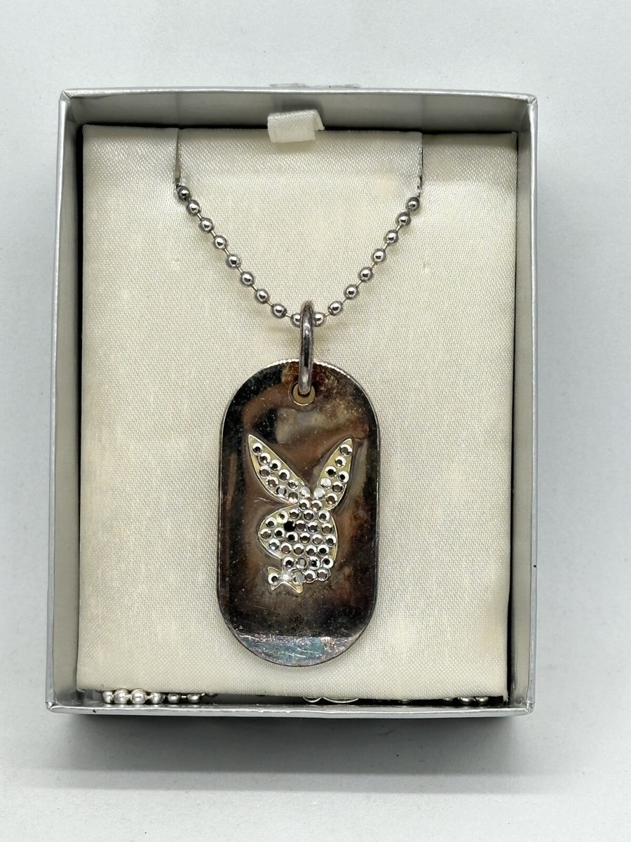 Early Y2K Playboy Logo Bunny Rhinestone Silver-Tone Dog Tag
