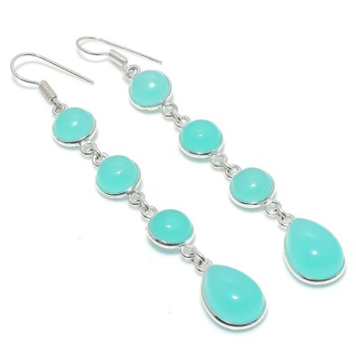 Aqua Chalcedony Gemstone Handmade 925 Sterling Silver Jewelry Earring Sz 2.9''