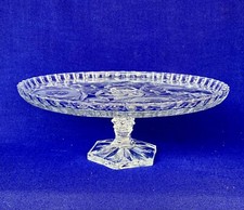 Clear Crystal Footed Cake Stand 11" Roses Pedestal Dessert Plate Heavy Cut Vtg