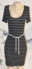 CALVIN KLEIN Black White Striped Stretch Jersey Dress 2 with Rope Belt Unlined