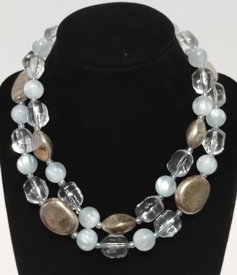 Premier Designs Blue Lucite Beaded Layered Statement Necklace Silver Tone  Clear