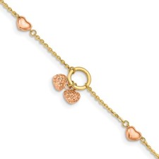 Real 14kt Two-tone Diamond-cut Hearts w/1in Ext. Chain Bracelet; 7 inch