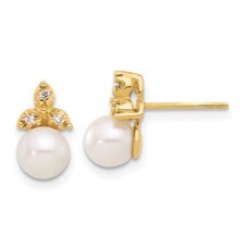 14k Yellow Gold 5-6mm Cultured Pearl .06ct Diamond Stud Earrings 1.78gm