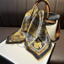100 Mulberry Silk 26" Square Scarf Women Neckerchief Wrap Black Gold Geometric