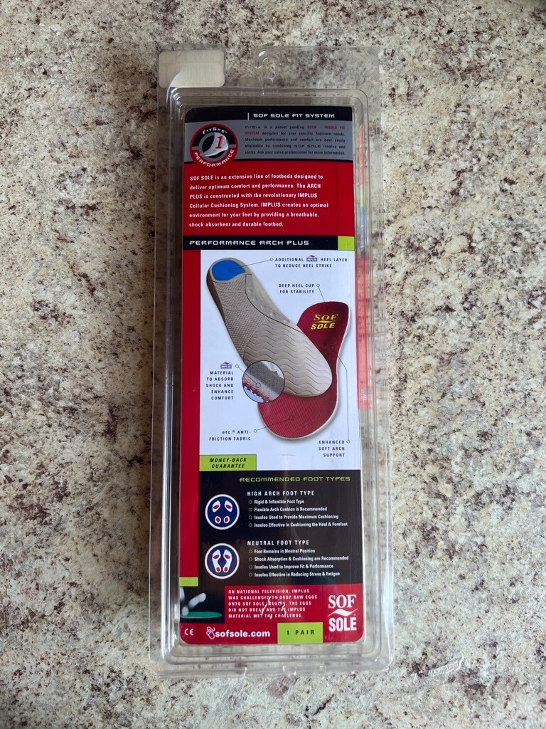 Sof Sole Performance Arch Plus Insoles Women's size 9-10 and Men's 7-8.5