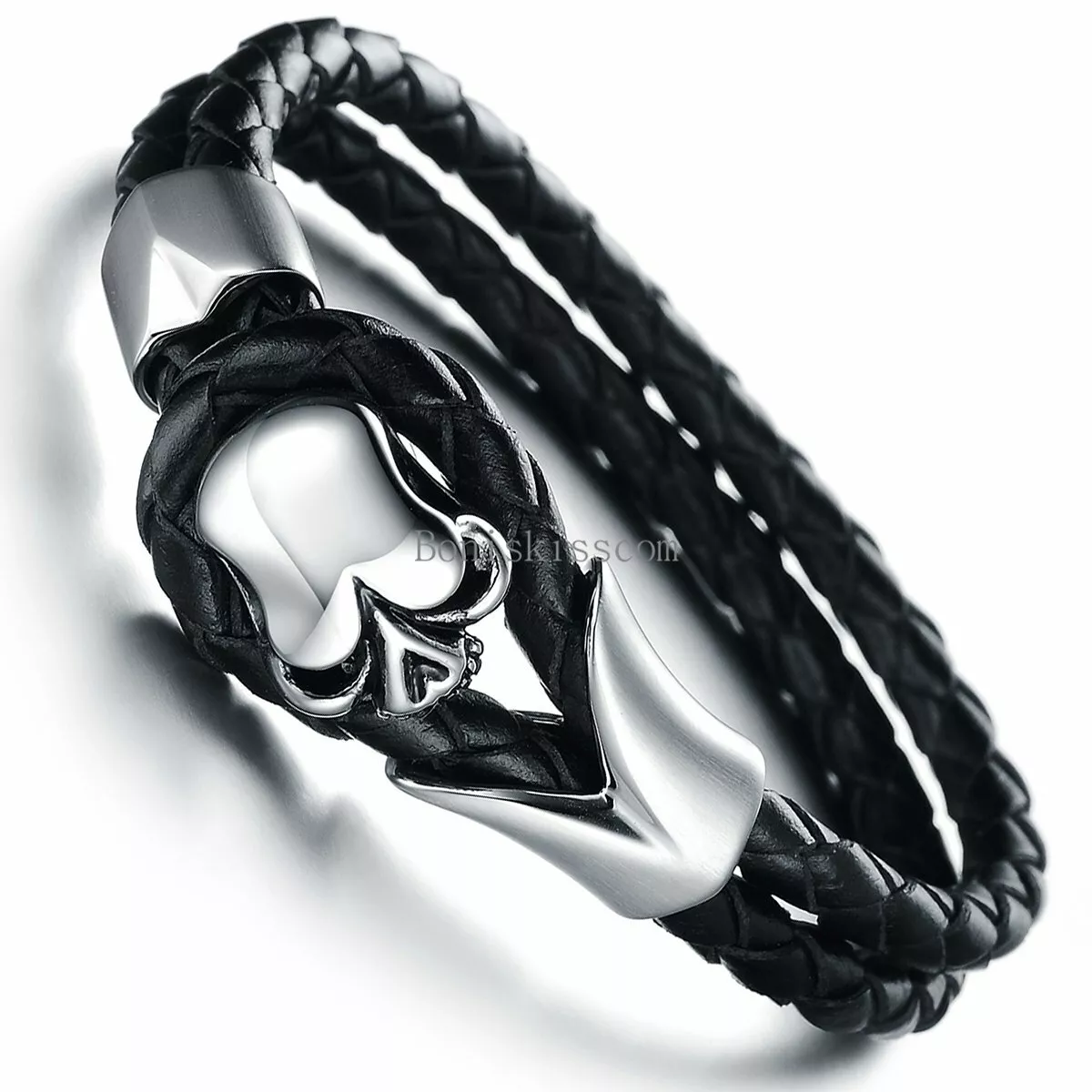 Men's Braided Leather Skull Cuff Bangle Stainless Steel Bracelet Halloween  Gift