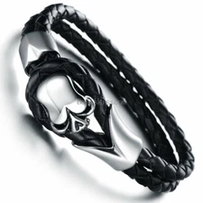 Men's Braided Leather Skull Cuff Bangle Stainless Steel Bracelet Halloween Gift