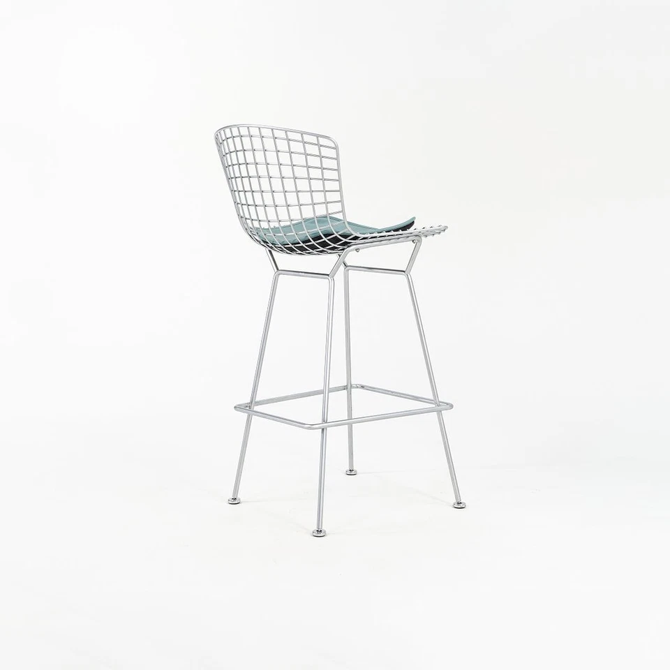2010s Knoll Harry Bertoia Bar Stool in Satin Chrome with Blue Seats 4x Available - Image 3 of 4
